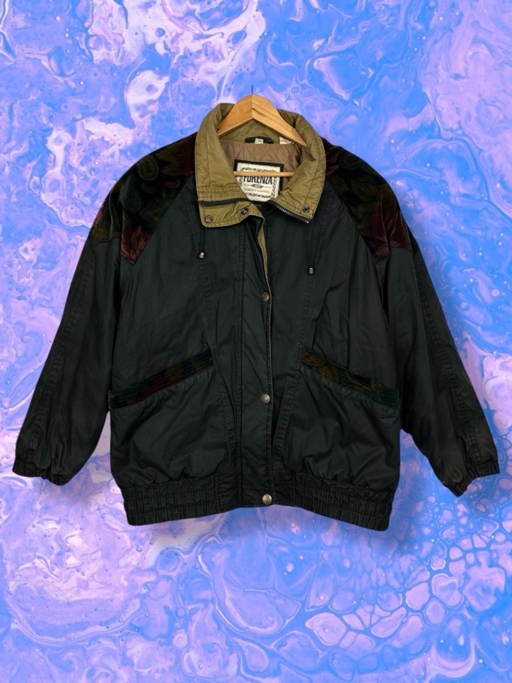 Forenza Vintage 90s Floral Velour Mock Neck Quilted Full Zip Up Bomber Jacket M